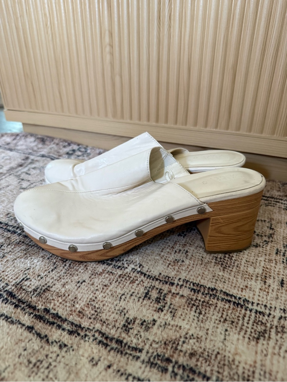 Zara White Leather Studded Clog Mules
